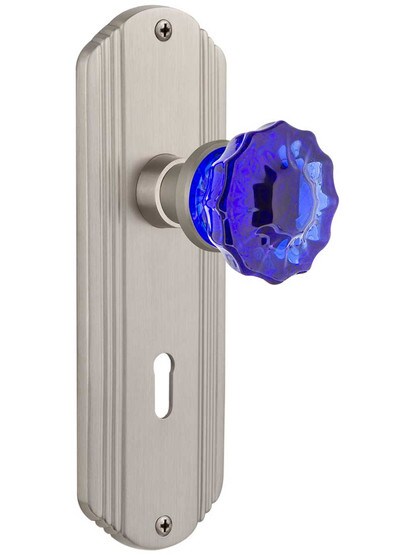 Streamline Deco Mortise Lock Set with Colored Fluted Crystal Glass Knobs Cobalt Blue in Satin Nickel.